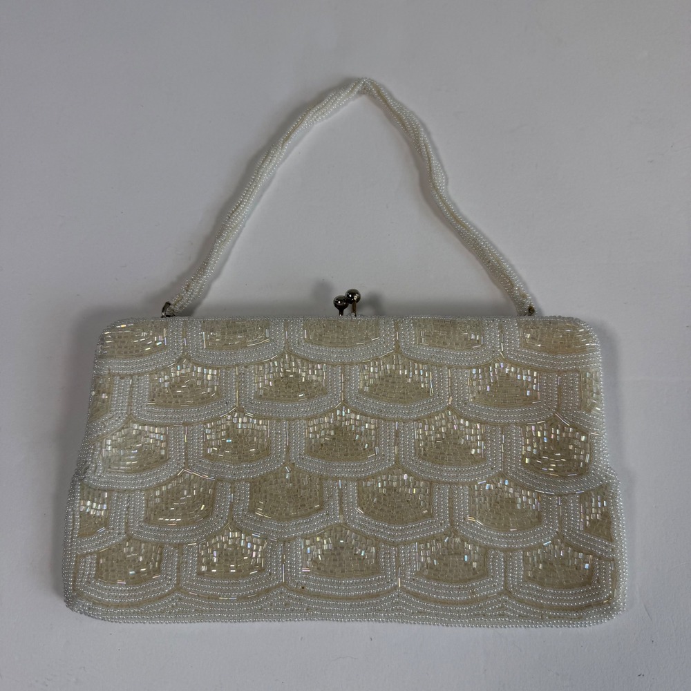 Vintage Walborg Beaded Evening Bag Ivory White Kiss Lock Handbag Korea Art Deco